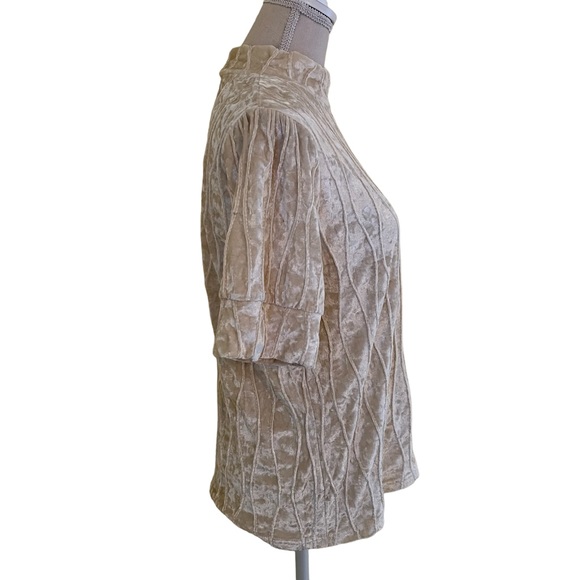 THML Cream Velvet Textured Short Sleeve Mock Neck Top L - Picture 5 of 10